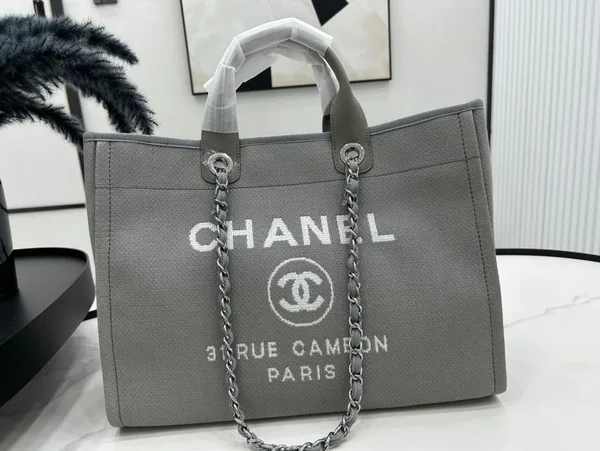 Chanel Cc Deauville Large 38 Tote Bag In Grey Canvas With White Logo product view 9