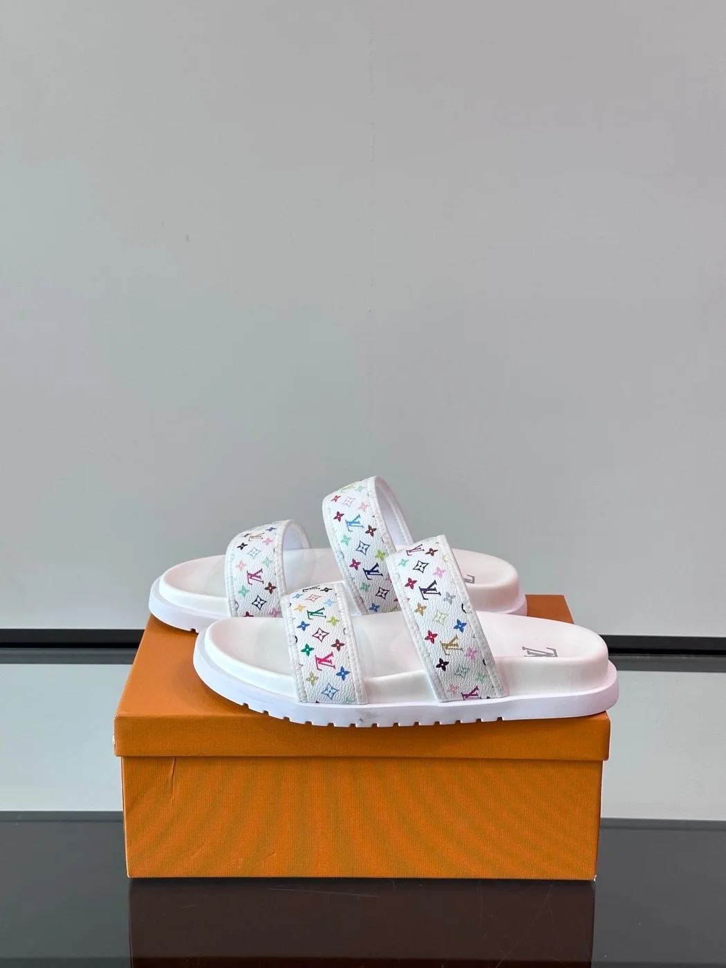 Louis Vuitton Men White Canvas Multicolor Logo Slides product view 4