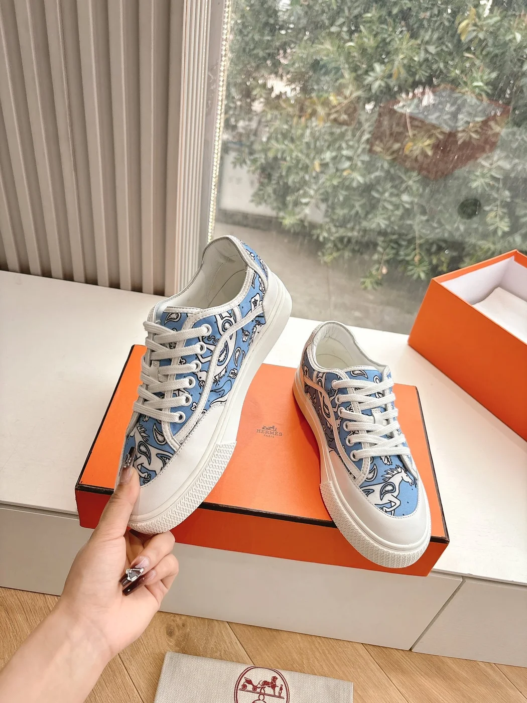 Hermès Women Light Blue Canvas And White Sneakers product view 6