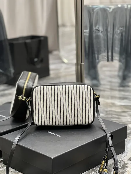 Saint Laurent Lou Medium Saint Laurent Striped Canvas Camera Crossbody Bag In Grey Cream product view 6