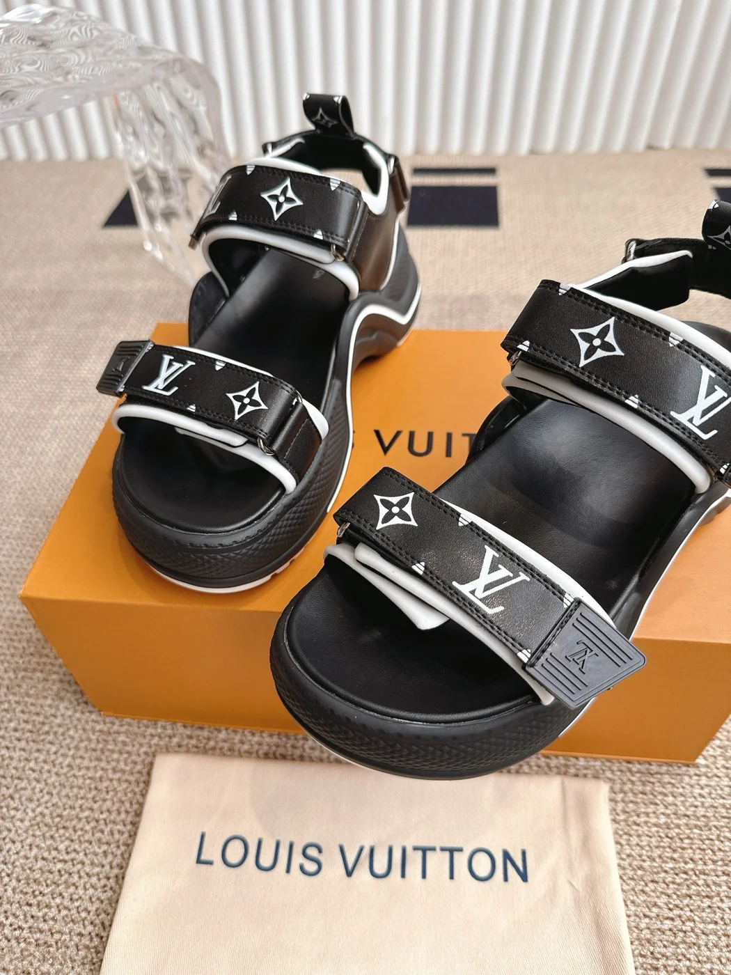 Louis Vuitton Women Black Synthetic Monogram Strap Sandals product view 2