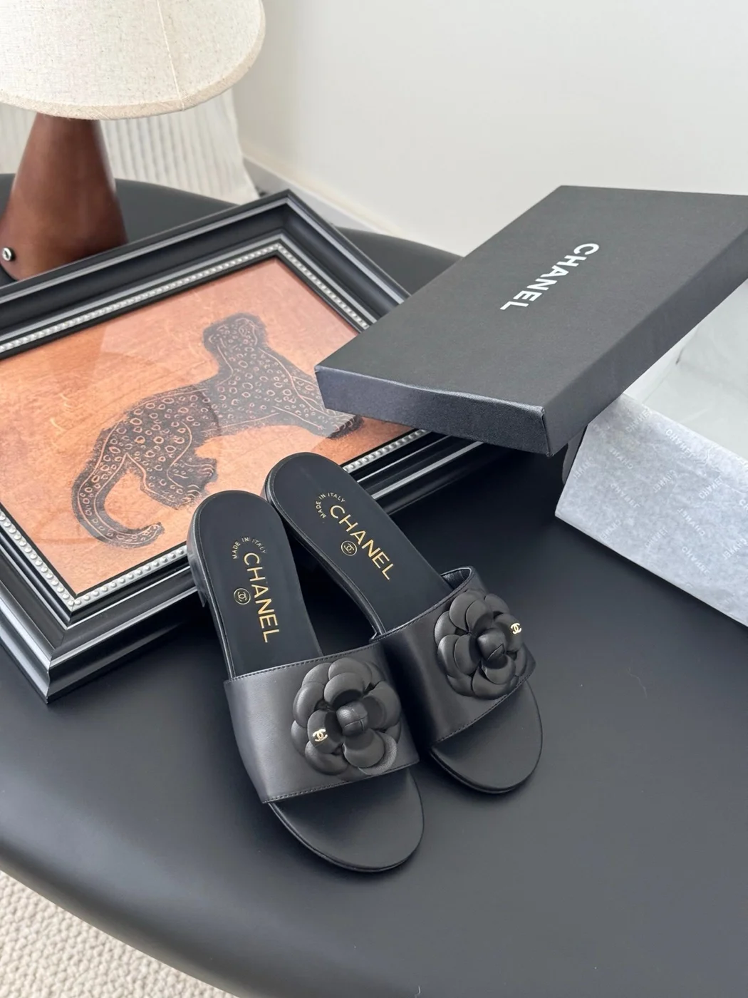 Chanel Women Black Leather Flower Detail Slides product view 6