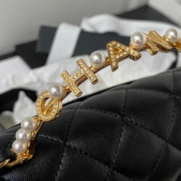 Chanel Woc Pearl Handle Plated Handbags Black Leather With Lock Gold .5×14.5×5.5 cm product view 3