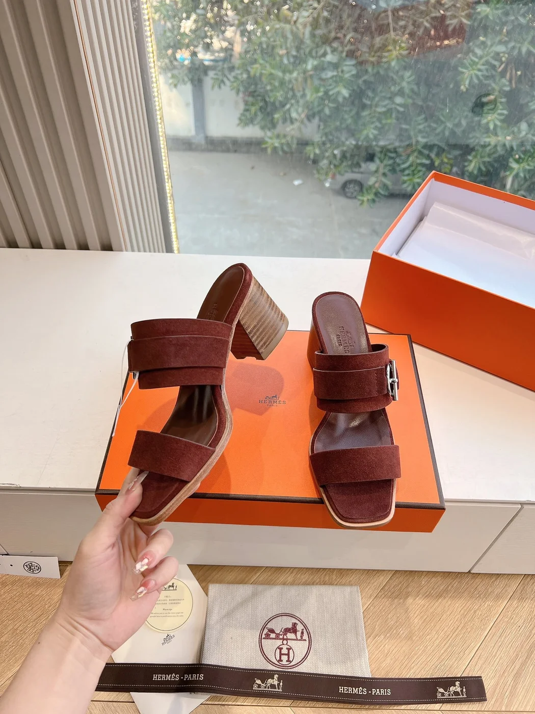 Hermès Women Brown Suede Leather Mules product view 6