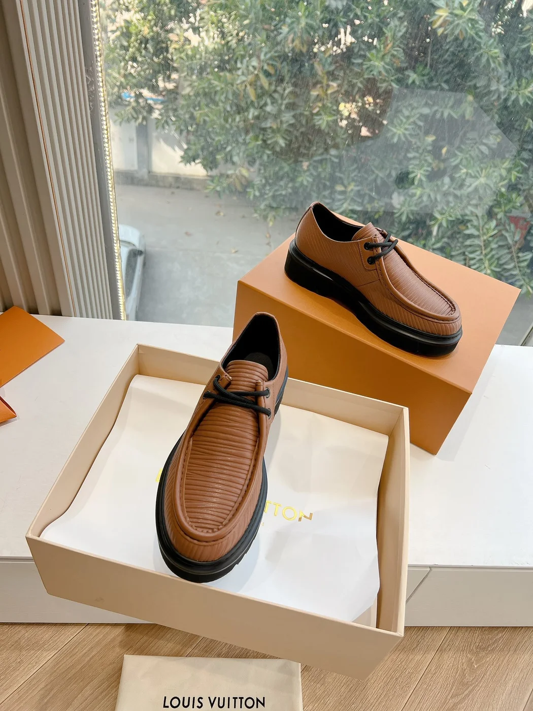 Louis Vuitton Women Brown Textured Leather Loafers product view 4