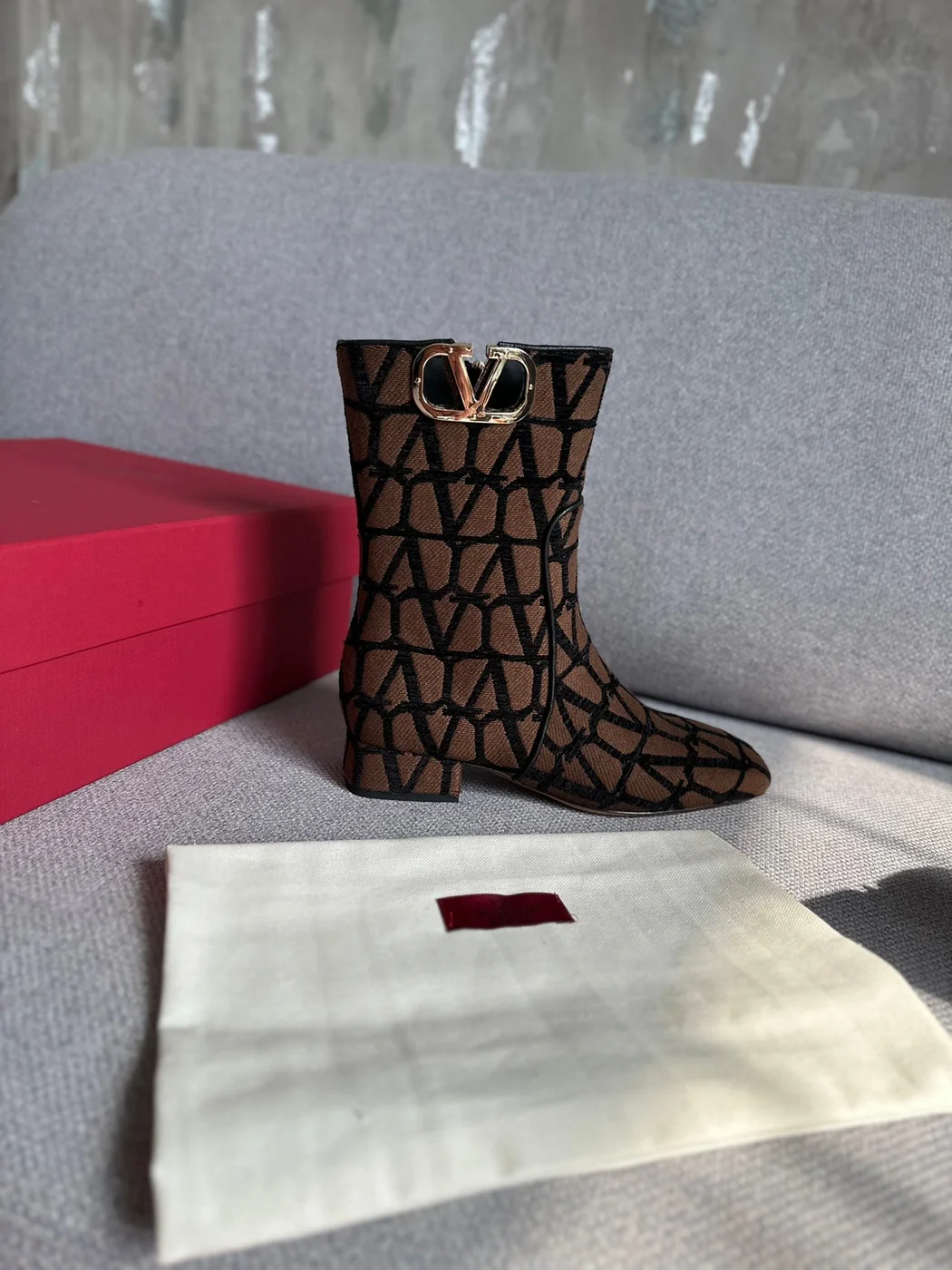 Valentino Women Brown Fabric Logo Pattern Boots product view 5