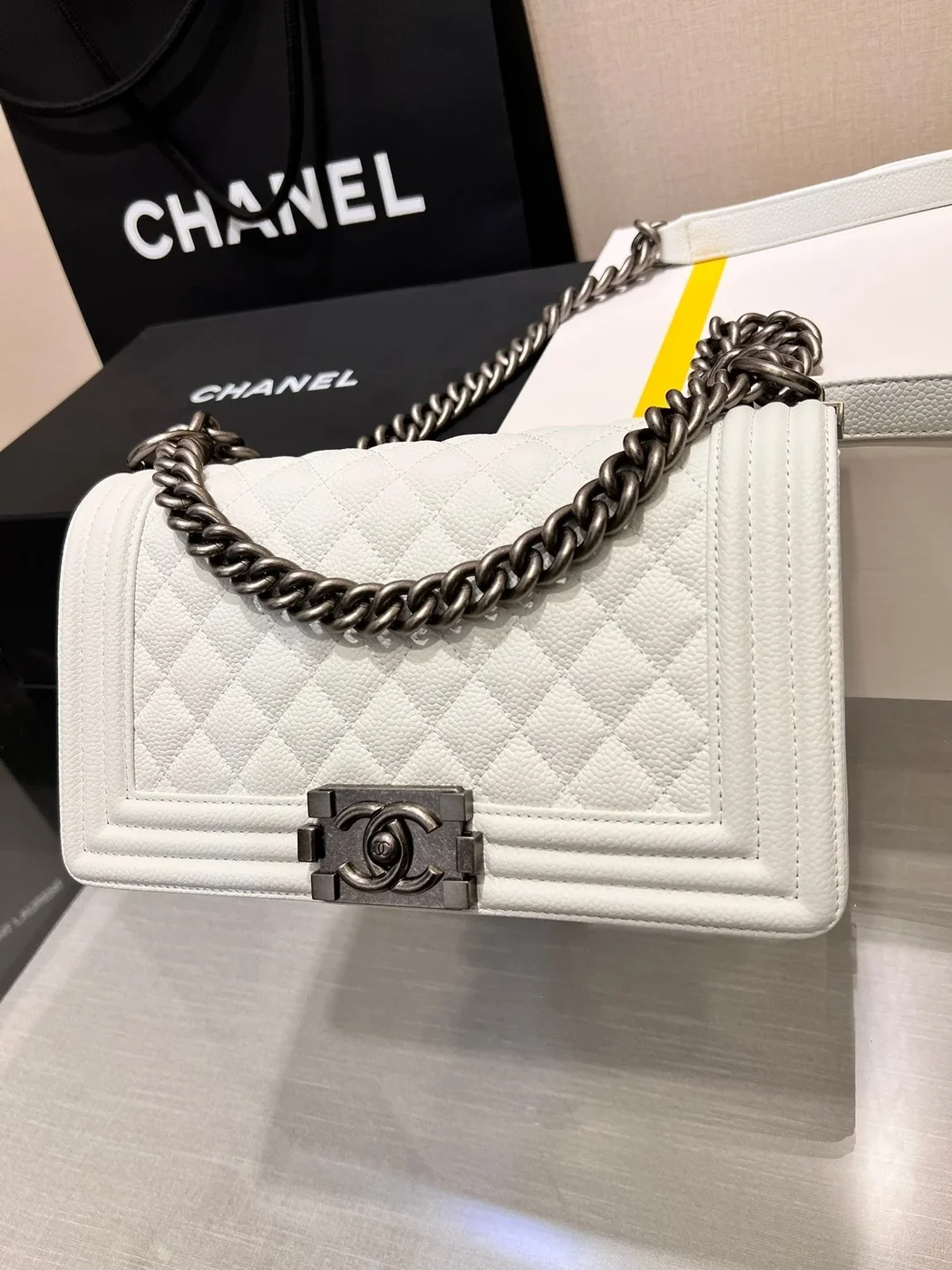 Chanel Boy Bag Medium 25 White Caviar Ruthenium Hardware product view 8