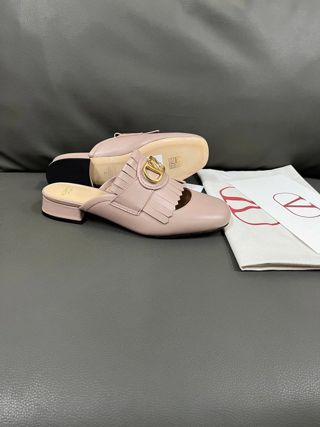 Valentino Women Blush Pink Leather Fringe Mules product view 2