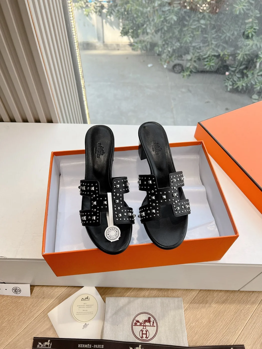 Hermès Women Black Leather Studded Mules product view 3