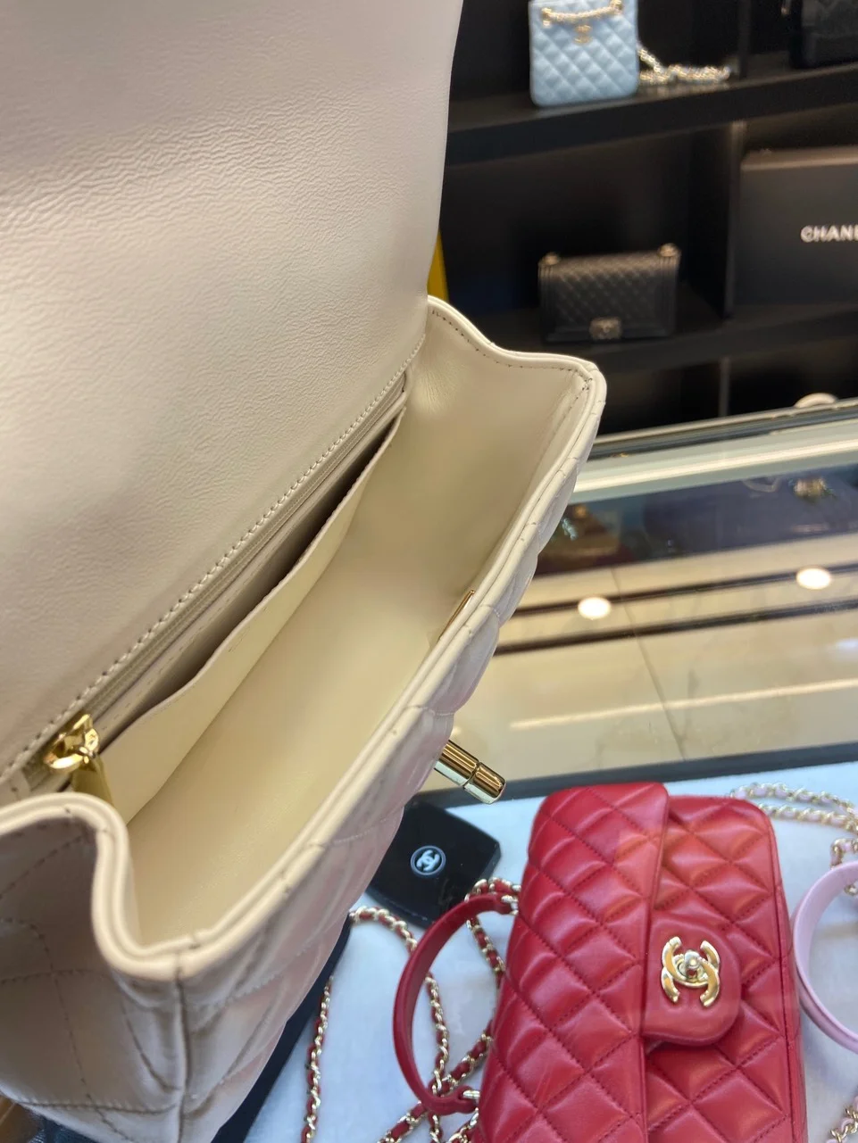 Chanel Handle Charm Handbags Lock Gold Demi White 20x12cm product view 5