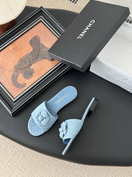 Chanel Women Light Blue Fabric Slides product view 3