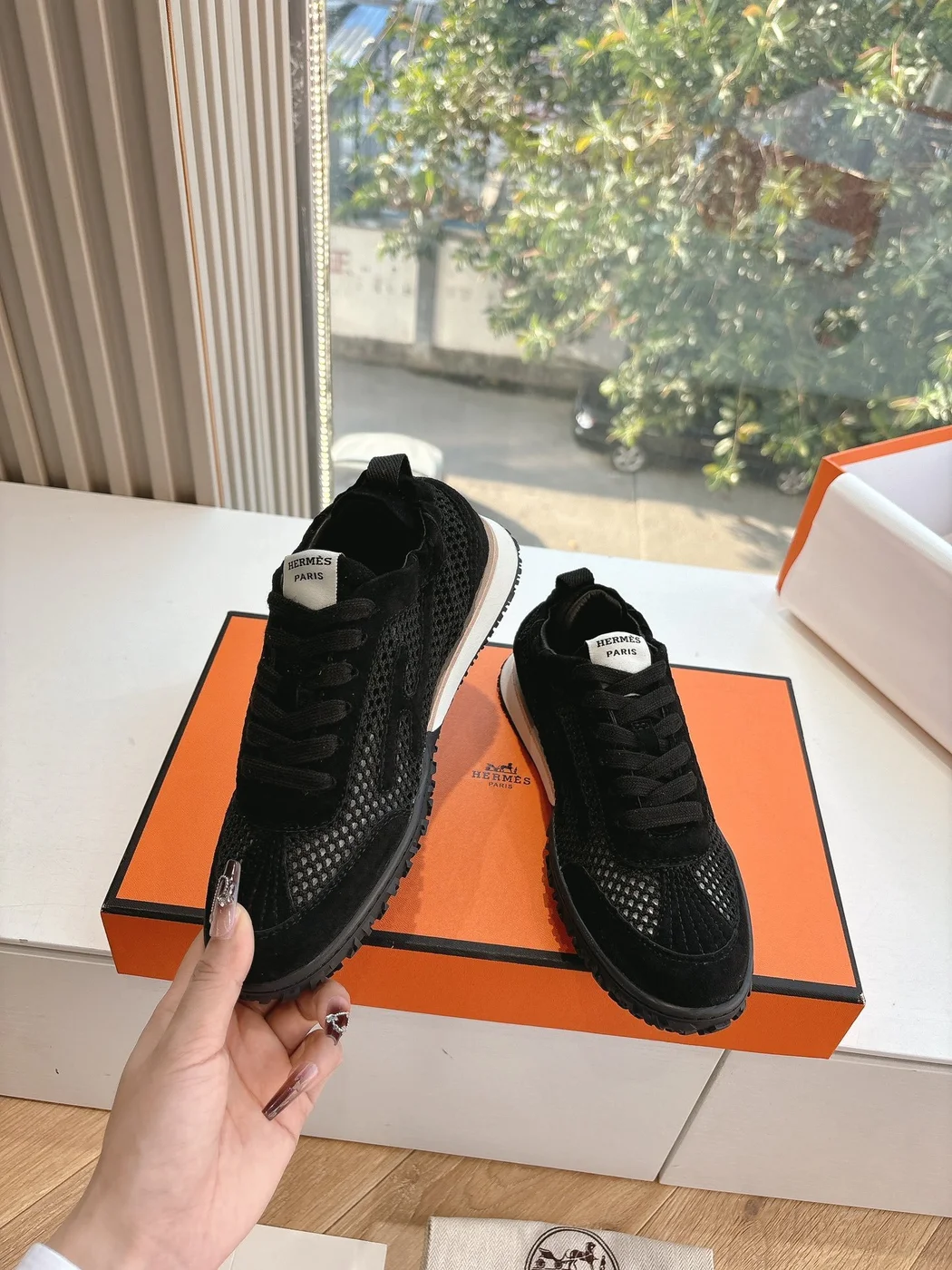 Hermès Women Black Suede Mesh Sneakers product view 6
