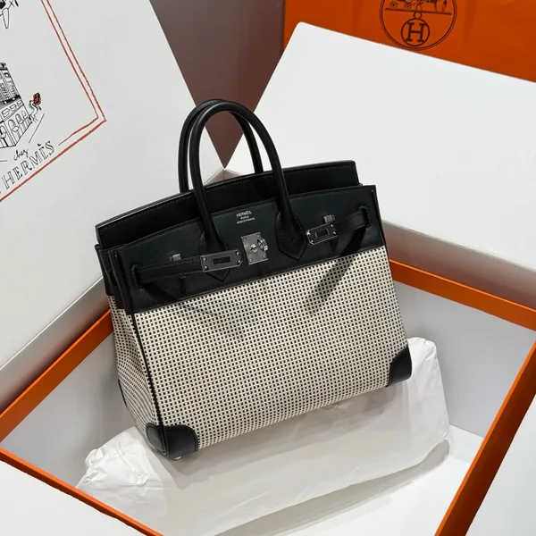 Hermès Birkin 25 cm In Black Swift White Black Plaid Toile Canvas (Custom-Made) Bag product view 1