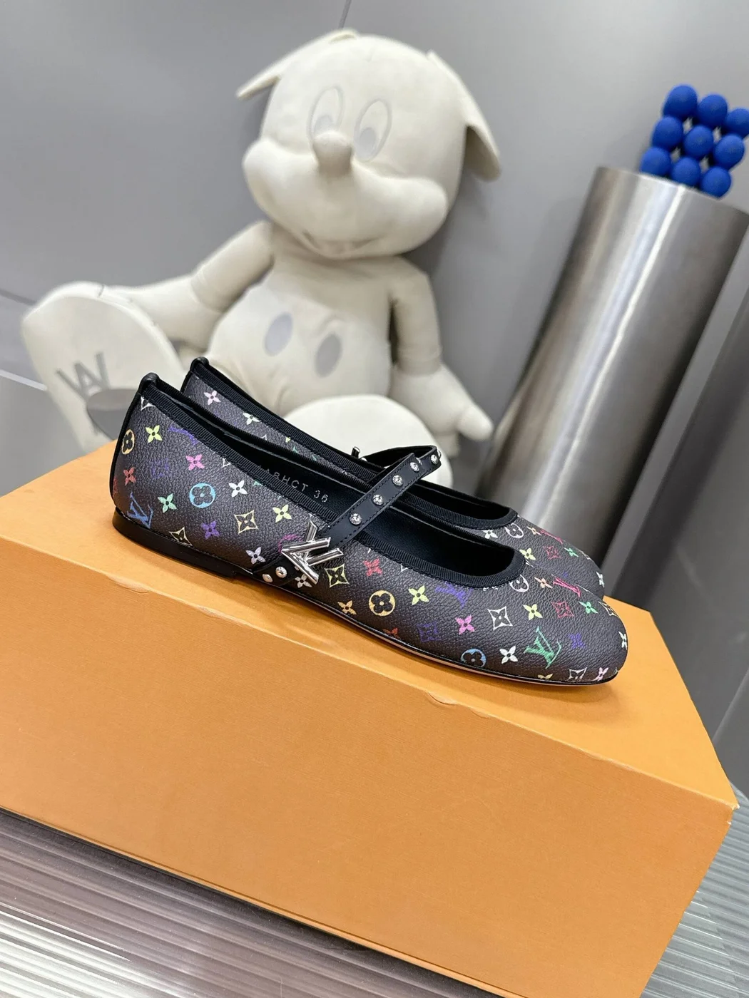Louis Vuitton Women Black Leather Multicolor Monogram Mary Jane Flats product view 3