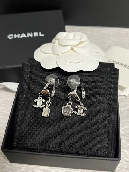 Chanel Asymmetric Perfume Bottle and Camellia Charm Earrings Silver-Tone product view 6