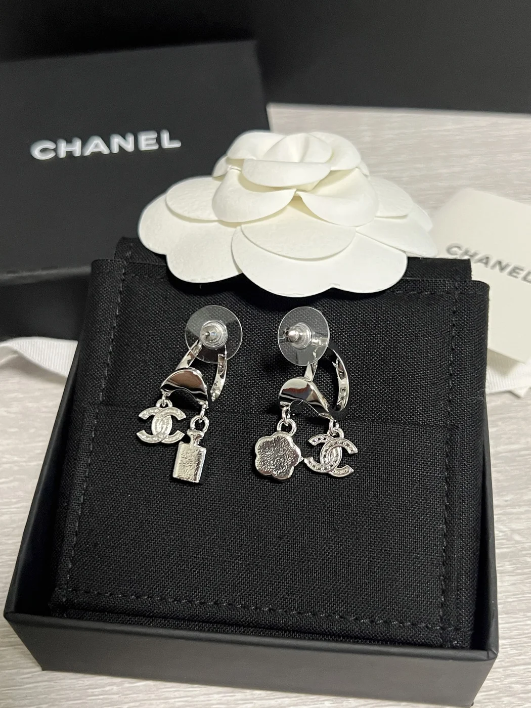 Chanel Asymmetric Perfume Bottle and Camellia Charm Earrings Silver-Tone product view 6
