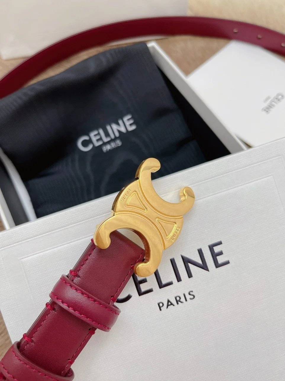 Celine Medium Triomphe Belt 25MM in Bordeaux Calfskin product view 7
