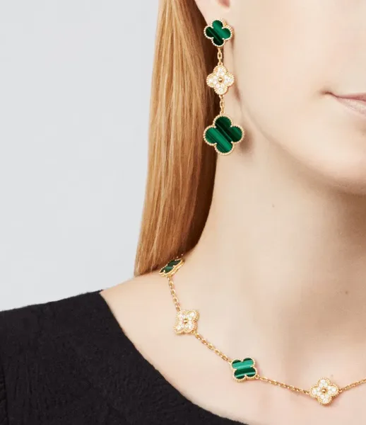 Van Cleef  Arpels Alhambra Green and Pave-Effect Three-Motif Gold-Tone Drop Earrings product view 2