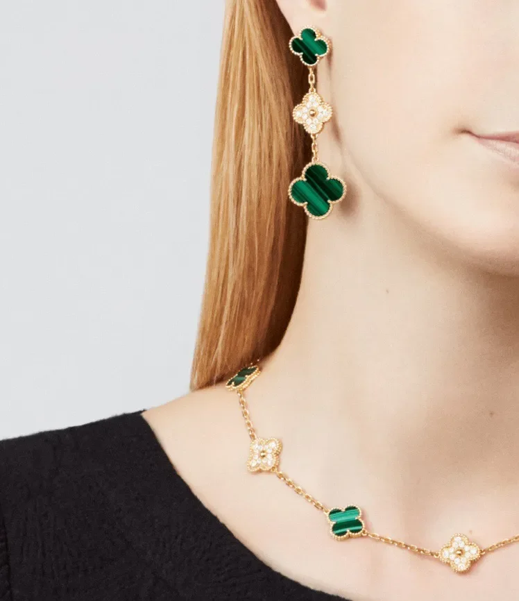 Van Cleef  Arpels Alhambra Green and Pave-Effect Three-Motif Gold-Tone Drop Earrings product view 2