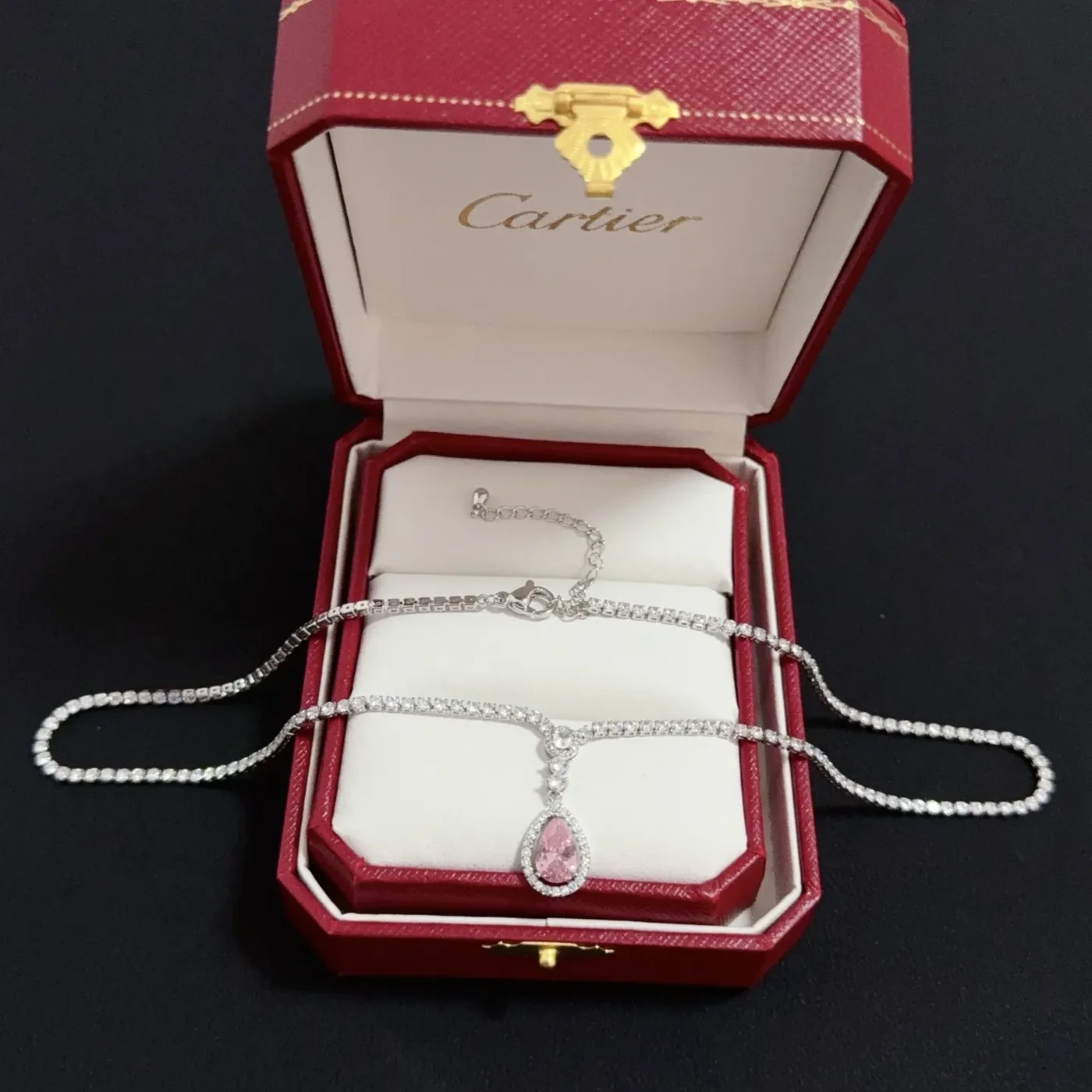 Cartier Pink Pear-Shaped Silver-Tone Halo Pendant Necklace product view 3