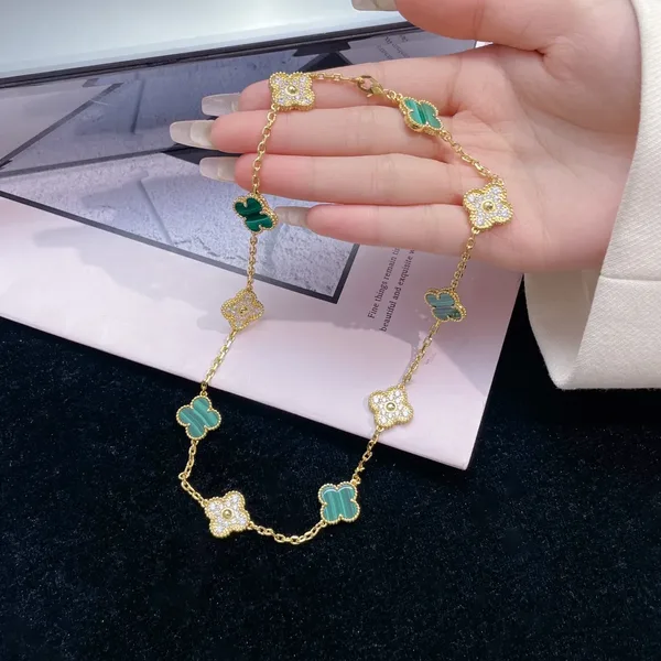 Van Cleef  Arpels Alhambra Green and Pave-Effect Ten-Motif Gold-Tone Necklace product view 8