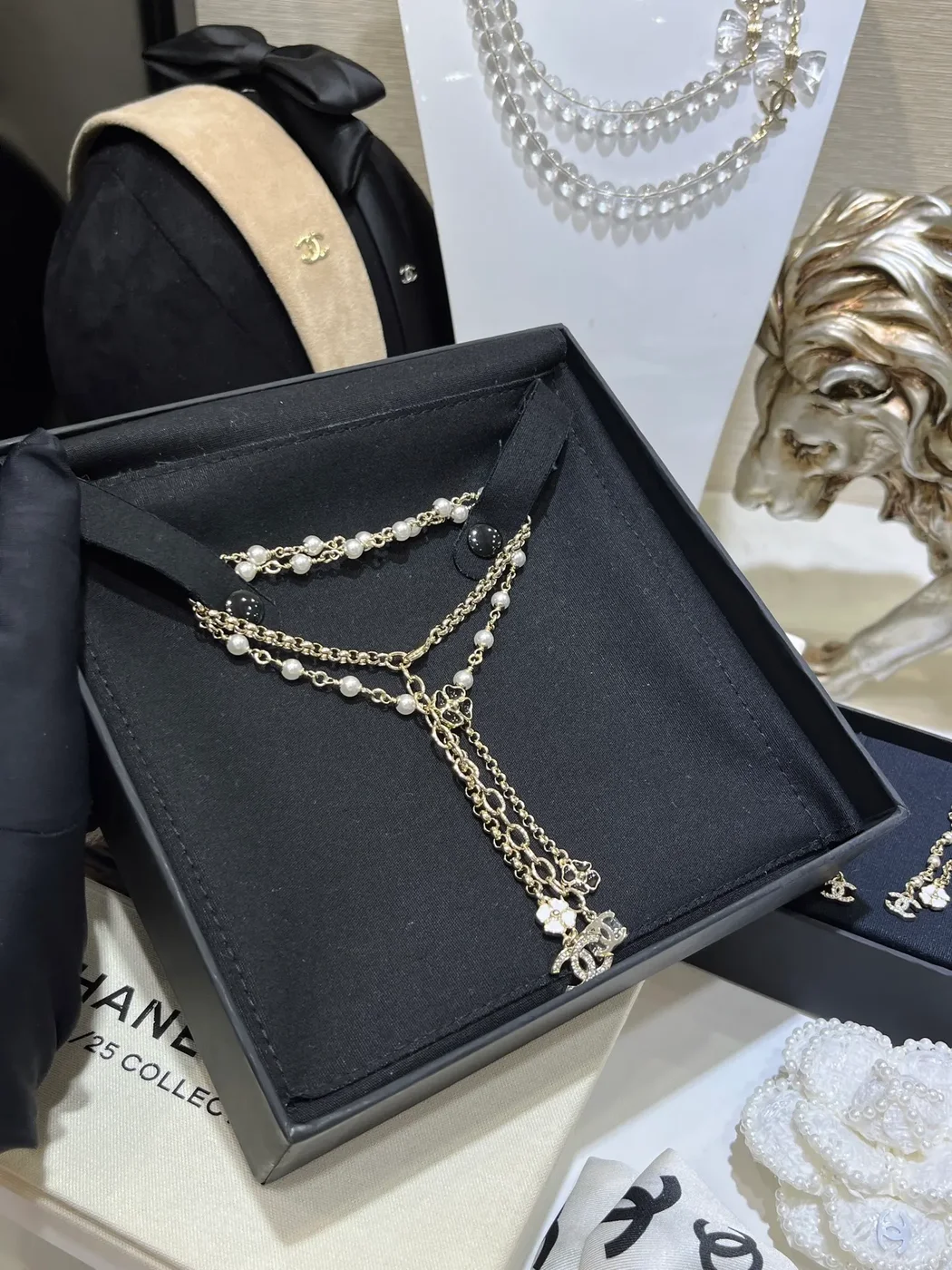 Chanel Camellia Pearl-Effect Y Necklace Black White and Gold-Tone product view 3