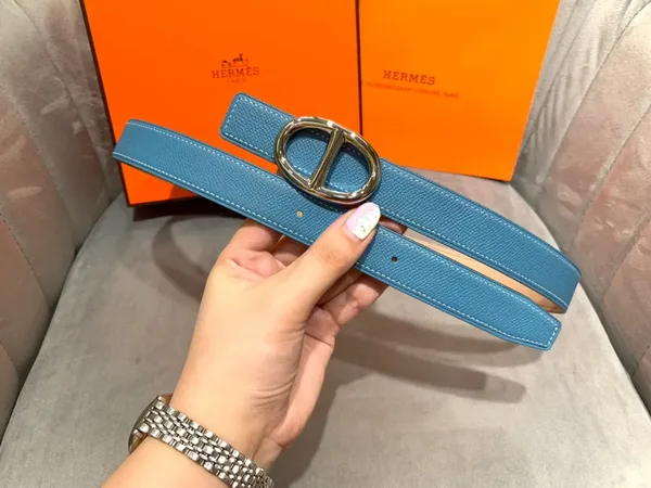 Hermès Blue/Taupe Reversible Belt with Silver-Tone Oval Buckle product view 4