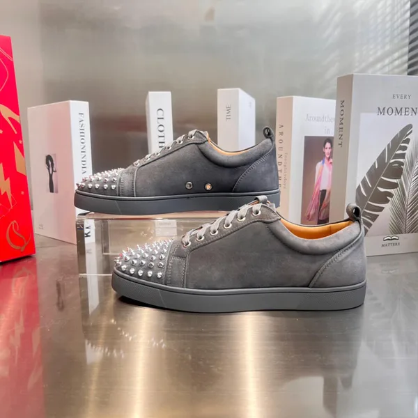Christian Louboutin Louis Junior Spikes Suede-Effect Sneakers Grey product view 5