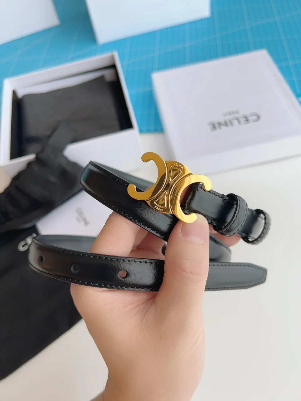 Celine Small Triomphe Belt 18MM in Black Calfskin product view 9