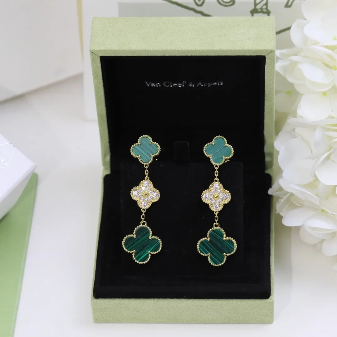 Van Cleef  Arpels Alhambra Green and Pave-Effect Three-Motif Gold-Tone Drop Earrings product view 5