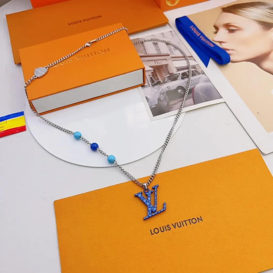 Louis Vuitton Dotted LV Monogram Bead Necklace Silver-Tone with Blue Beads product view 4