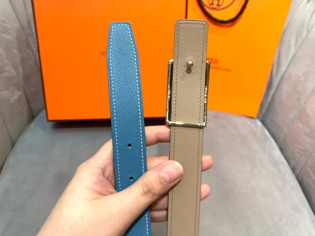 Hermès Blue/Taupe Reversible Belt with Silver-Tone Horse-and-Carriage Buckle product view 7