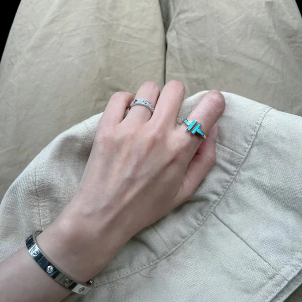 Tiffany  Co. Double T Colored Inlay Ring Silver-Tone with Blue Inlay product view 2