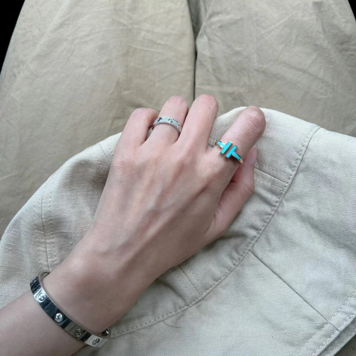 Tiffany  Co. Double T Colored Inlay Ring Silver-Tone with Blue Inlay product view 2
