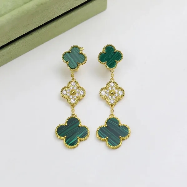 Van Cleef  Arpels Alhambra Green and Pave-Effect Three-Motif Gold-Tone Drop Earrings product view 4