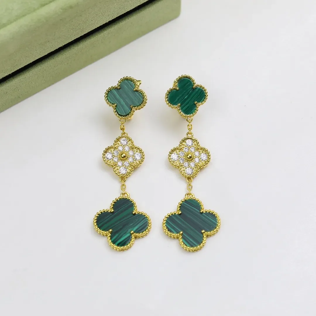 Van Cleef  Arpels Alhambra Green and Pave-Effect Three-Motif Gold-Tone Drop Earrings product view 4