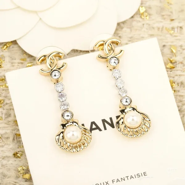 Chanel Rhinestone Shell Drop Earrings Gold-Tone product view 3