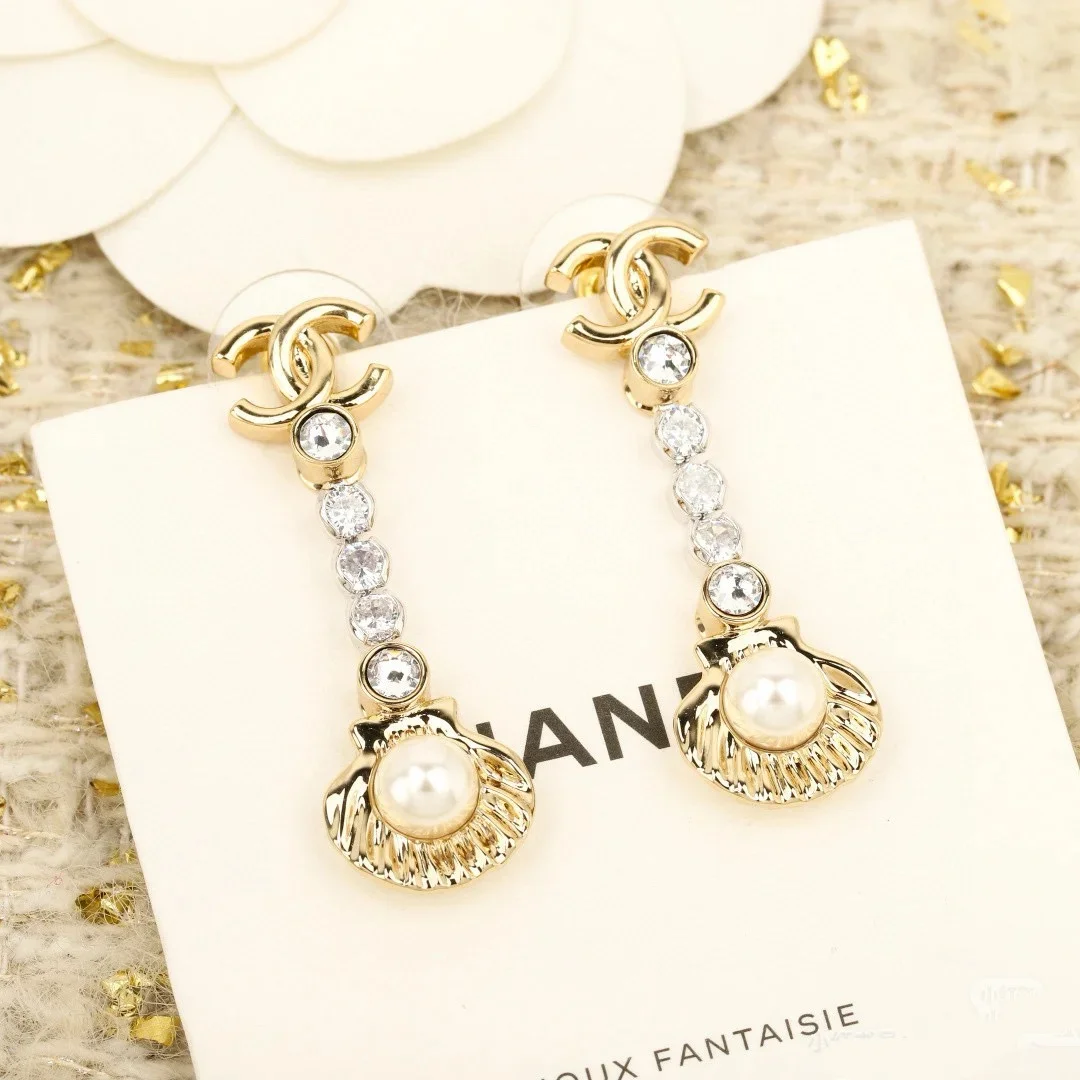 Chanel Rhinestone Shell Drop Earrings Gold-Tone product view 3