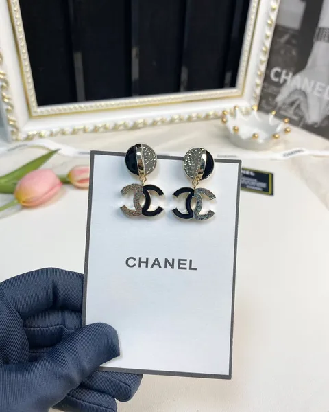 Chanel Black Enamel Pavé CC Drop Earrings Black and Gold-Tone product view 5