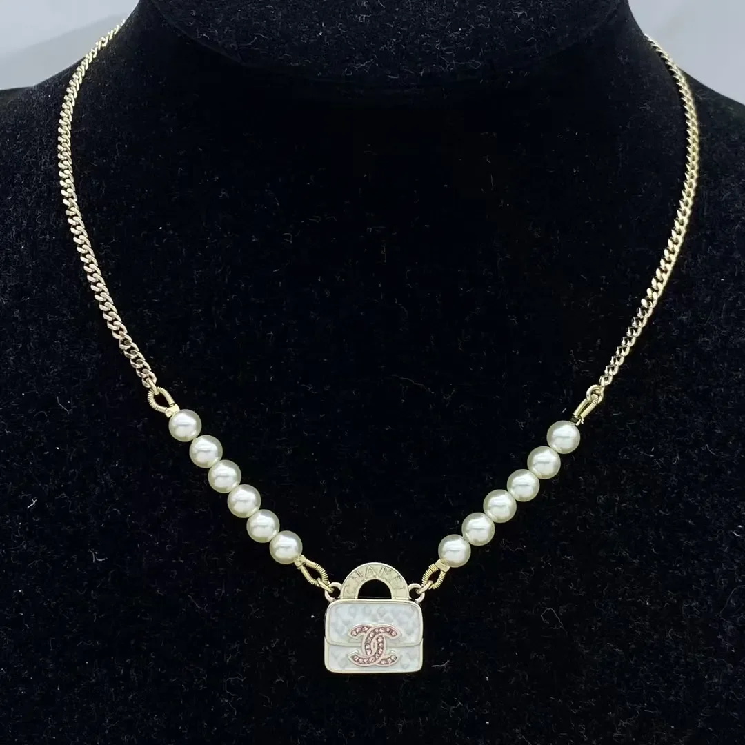 Chanel Mini Handbag Charm Pearl-Effect Necklace White and Gold-Tone product view 1