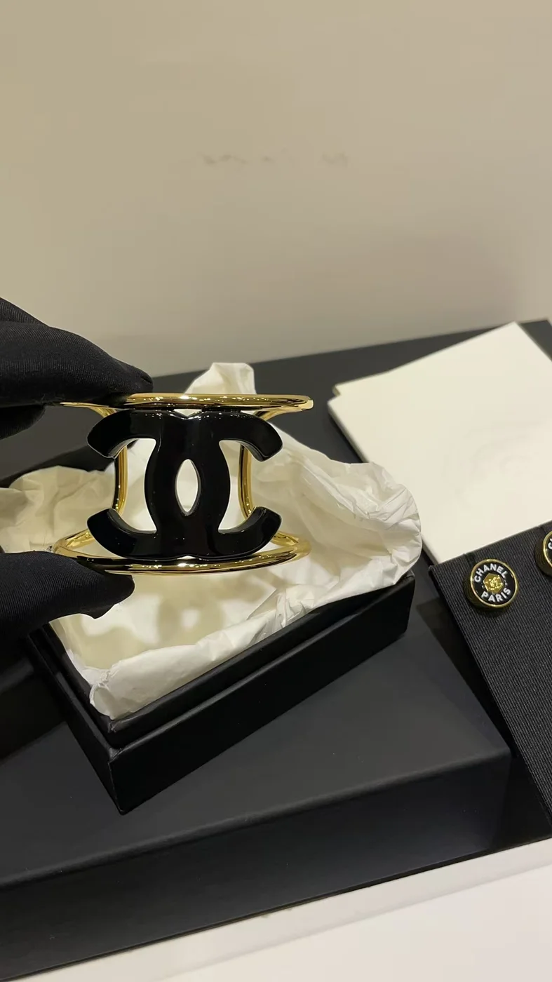 Chanel Wide Enamel CC Open Cuff Black and Gold-Tone product view 5