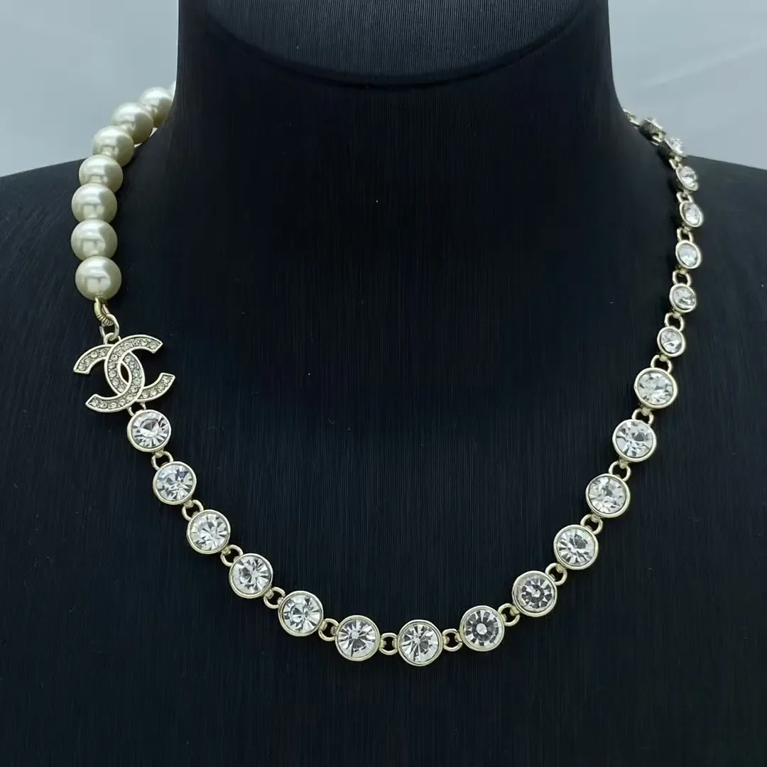 Chanel Half Pavé Half Pearl-Effect Necklace Gold-Tone product view 1