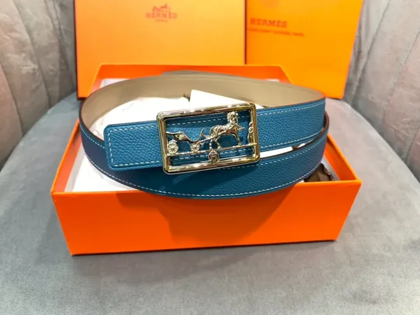 Hermès Blue/Taupe Reversible Belt with Silver-Tone Horse-and-Carriage Buckle product view 3