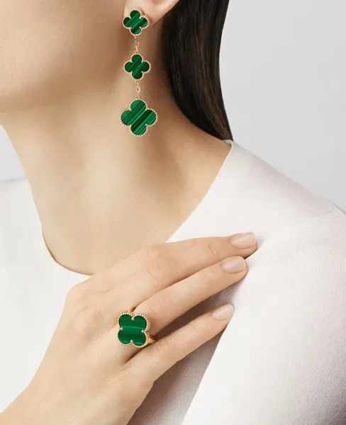 Van Cleef  Arpels Alhambra Green Three-Motif Gold-Tone Drop Earrings product view 2