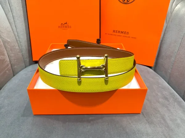 Hermès Yellow/Brown Reversible Belt with Gold-Tone Stirrup-Style H Buckle product view 5