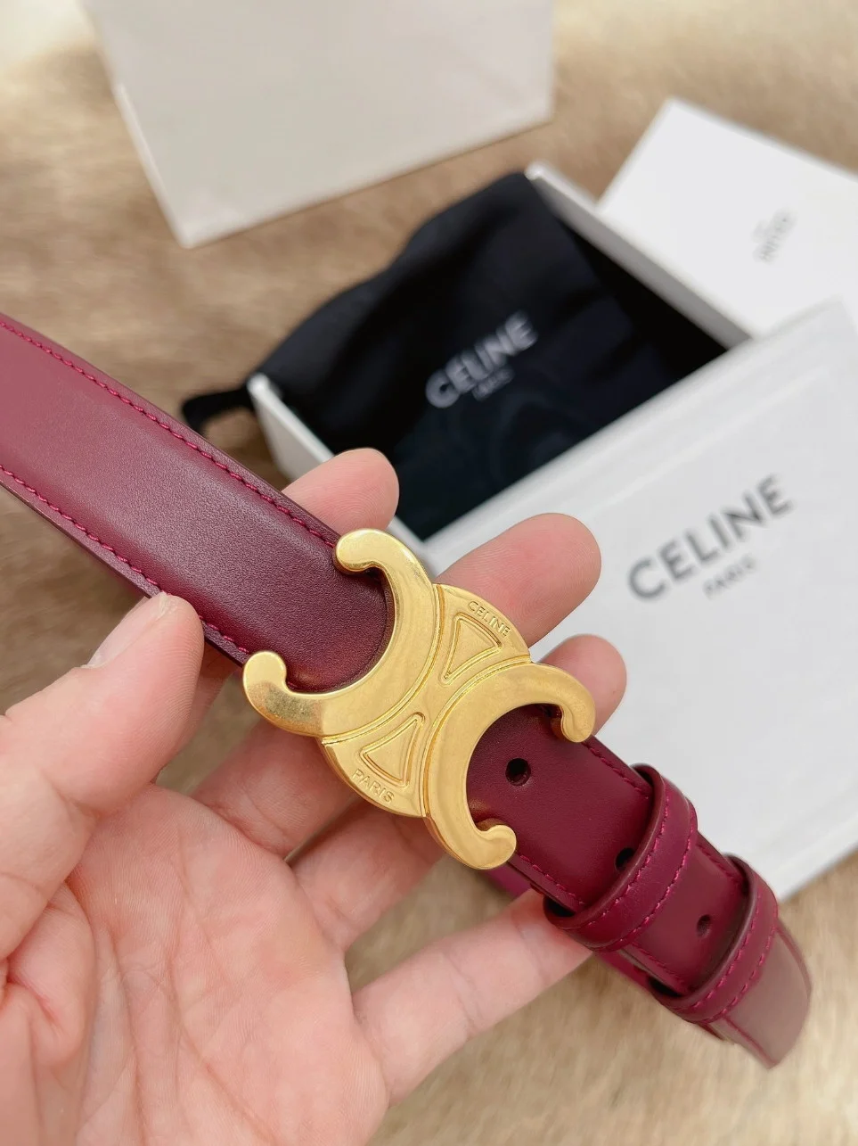 Celine Medium Triomphe Belt 25MM in Bordeaux Calfskin product view 6