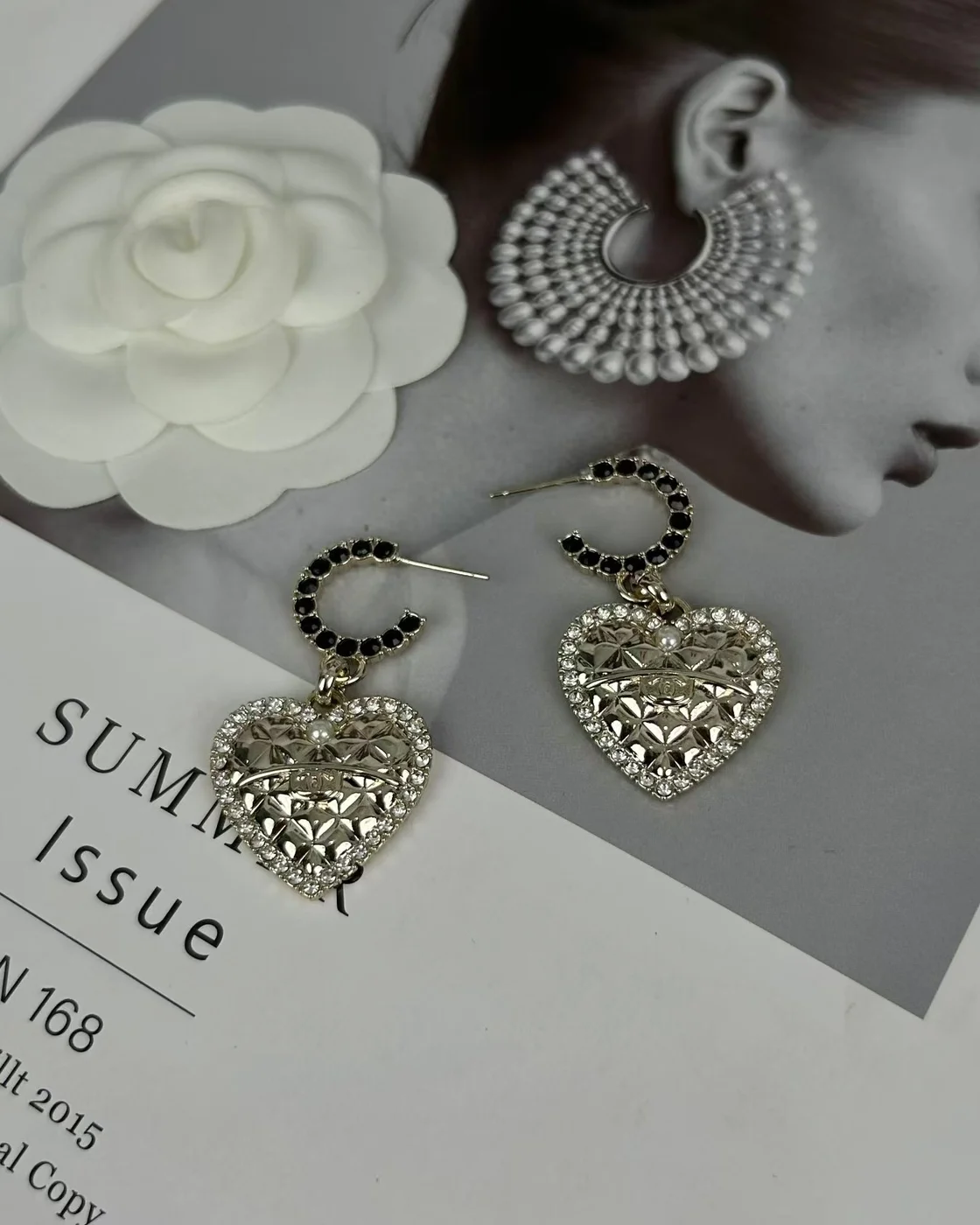 Chanel Heart Dangle Hoop Earrings Gold-Tone product view 5