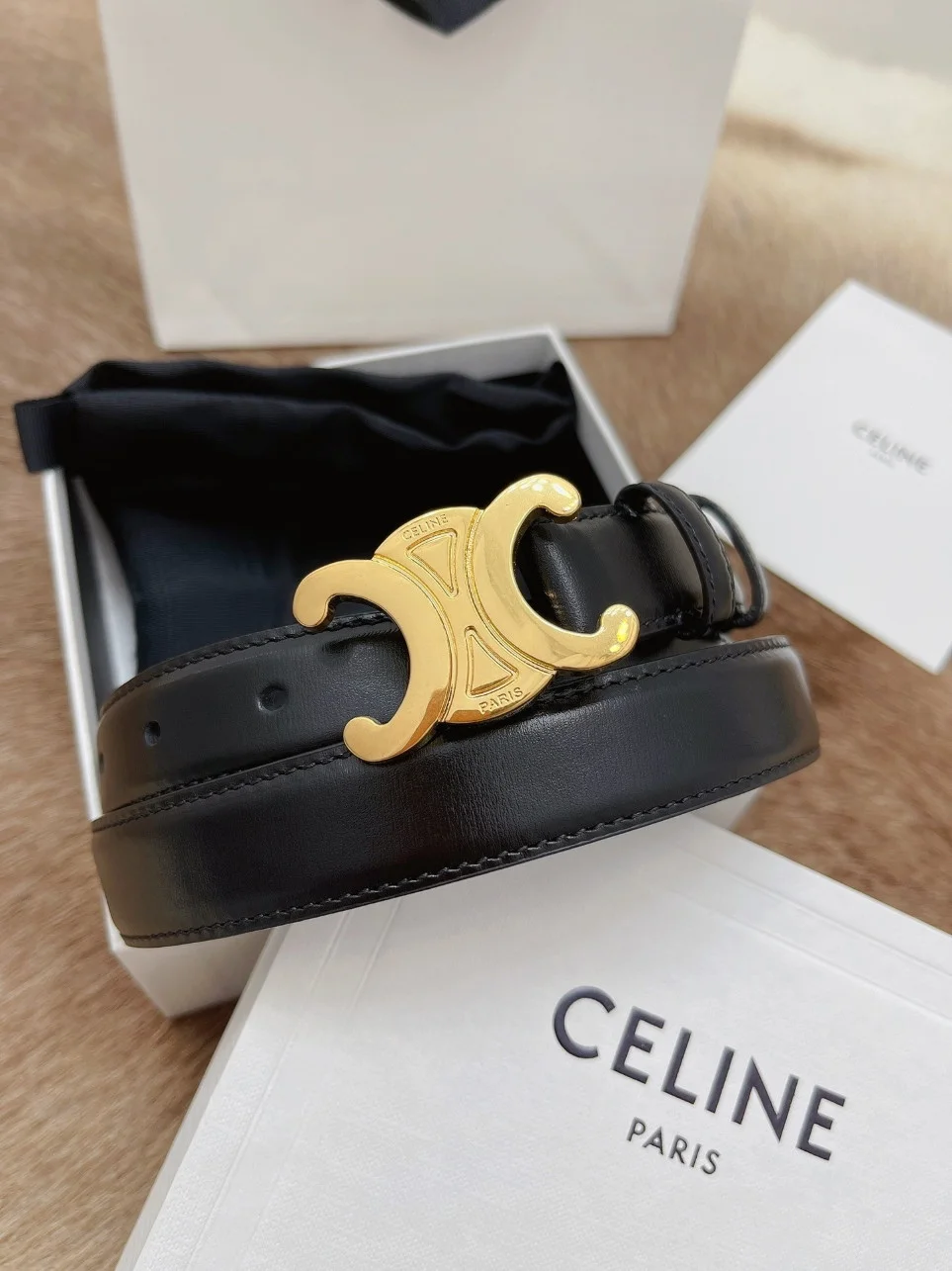 Celine Medium Triomphe Belt 25MM in Black Calfskin product view 7