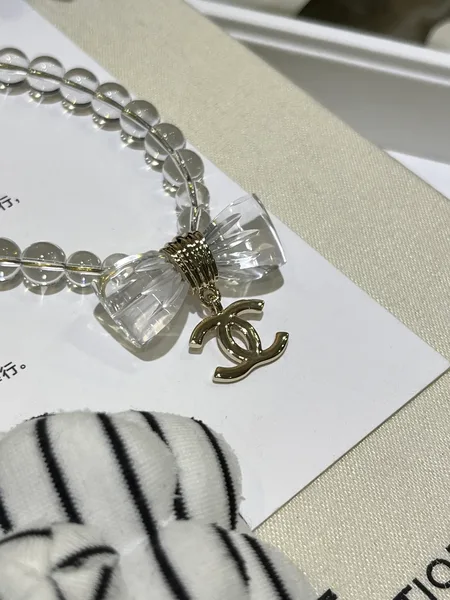 Chanel Clear Bead Bow CC Pendant Necklace Silver-Tone product view 6