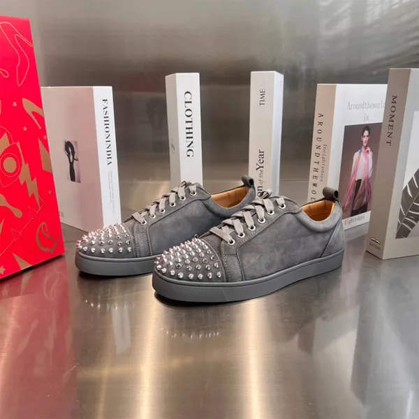 Christian Louboutin Louis Junior Spikes Suede-Effect Sneakers Grey product view 2